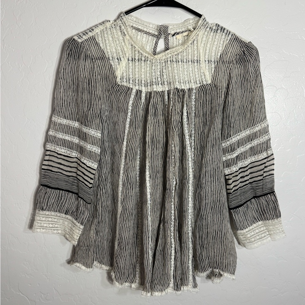 Anthropologie Floreat Boho Striped Lace Trim Peasant Blouse Top Black White S